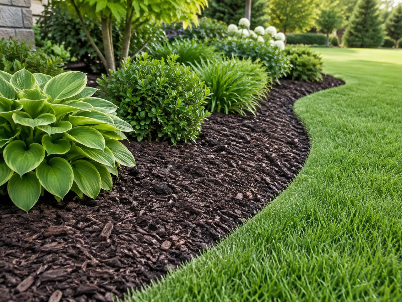 Freshly mulched garden bed with a crisp edge along a green lawn