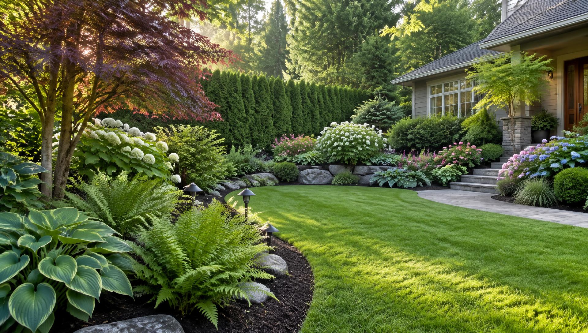 Residential garden with a mowed lawn, mulched planting beds, ferns and flowering shrubs